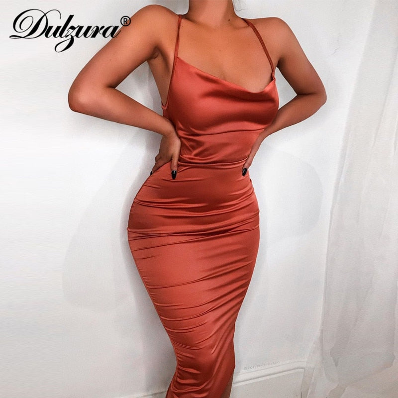 Dulzura neon satin lace up 2019 summer women bodycon long midi dress sleeveless backless elegant party outfits sexy club clothes