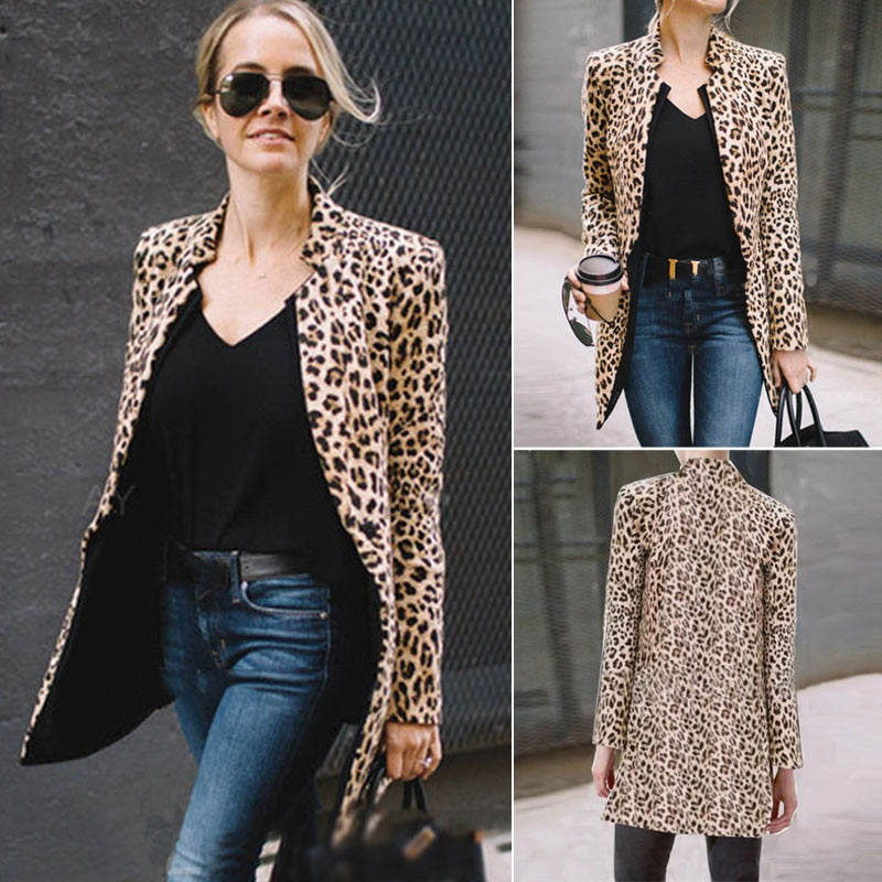 2019 Spring Autumn Fashion Women's Leopard Jacket Sweater Top Warm Casual Suit Long Coat