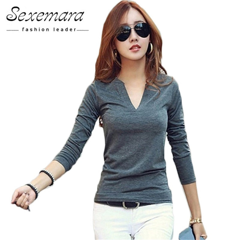 2019 solid 14 colors V-Neck  Blouses Sexy Slim Knitted Long Sleeve Chemise Femme Korean Tops for Women clothing Shirt Top Blouse